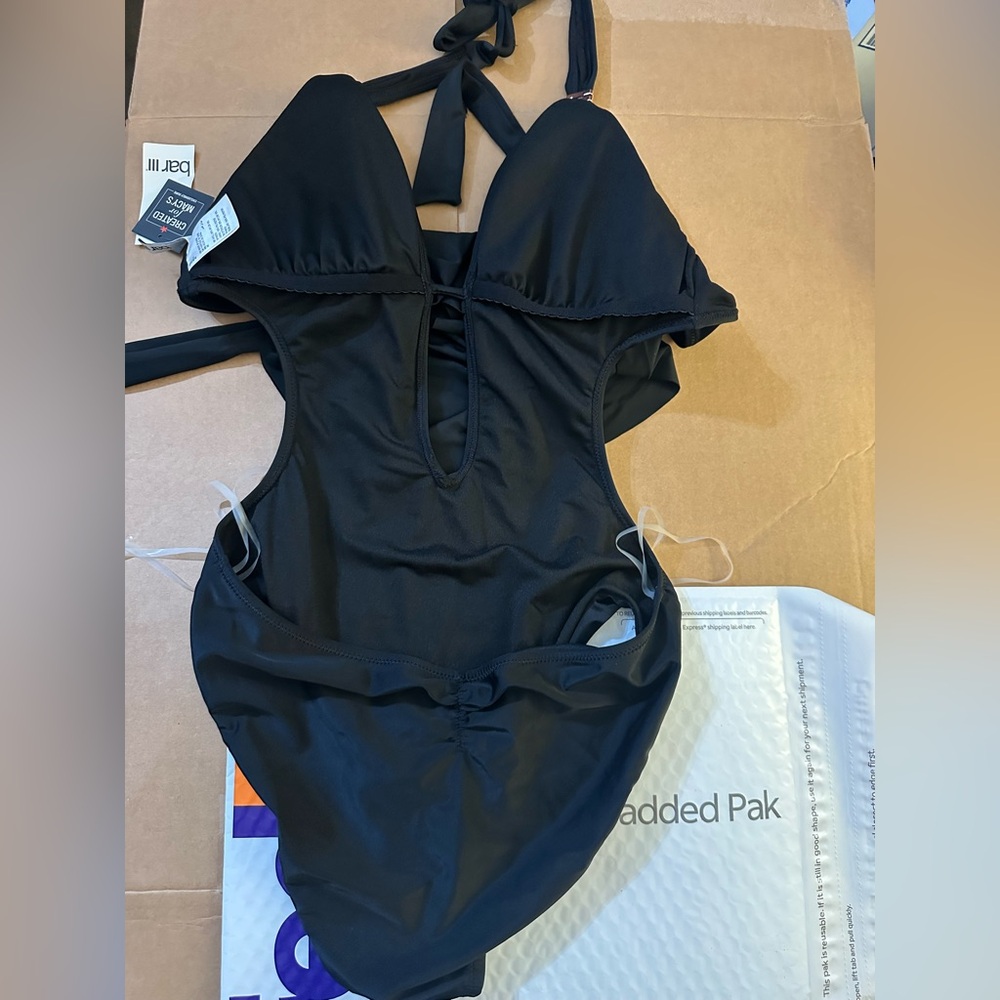 NWT Bar Iii Solid Cowlneck One-Piece Swimsuit, Black - Picture 2 of 2